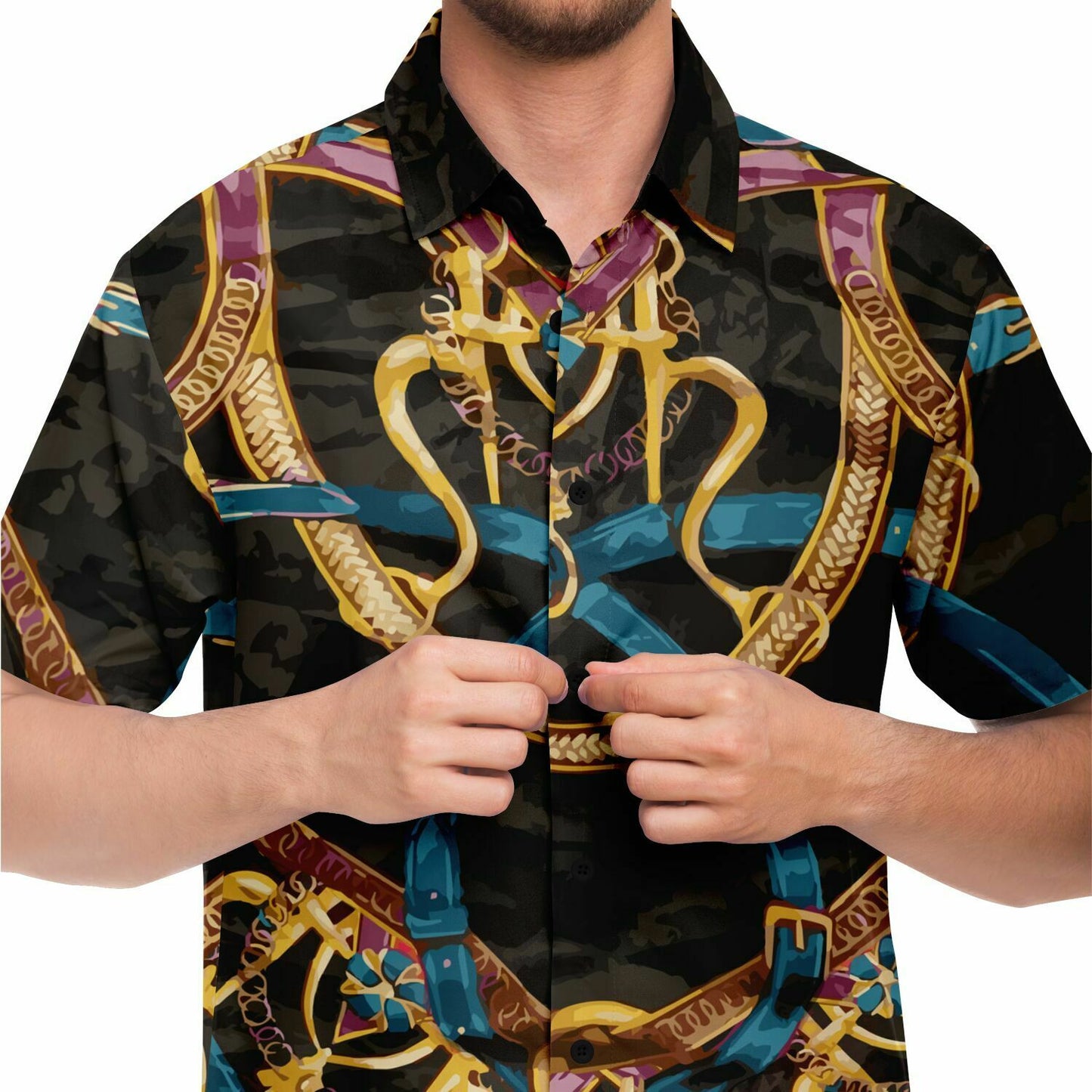 Black Equestrian Scarf Print Short Sleeve Button Down Shirt - HipHatter