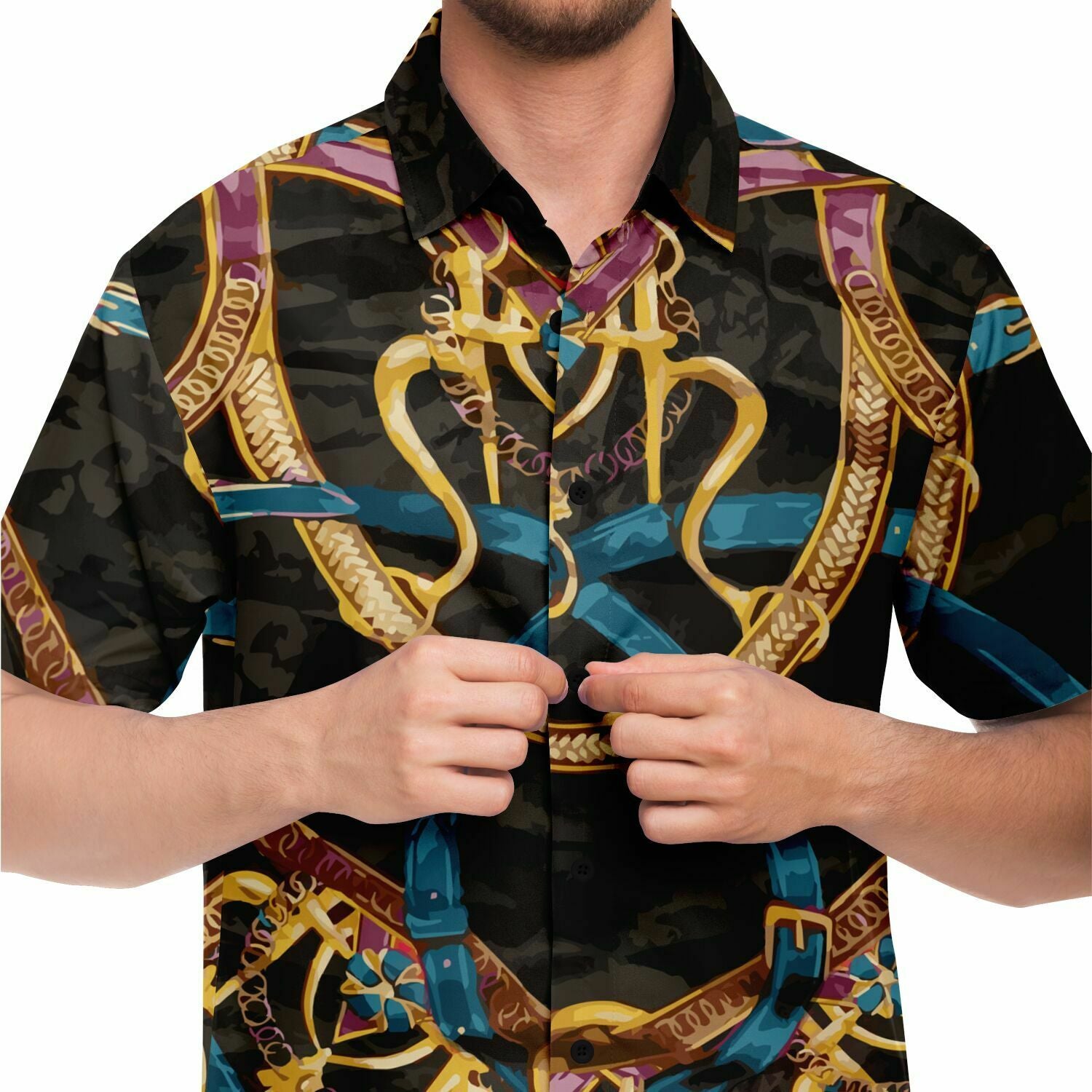 Black Equestrian Scarf Print Short Sleeve Button Down Shirt - HipHatter
