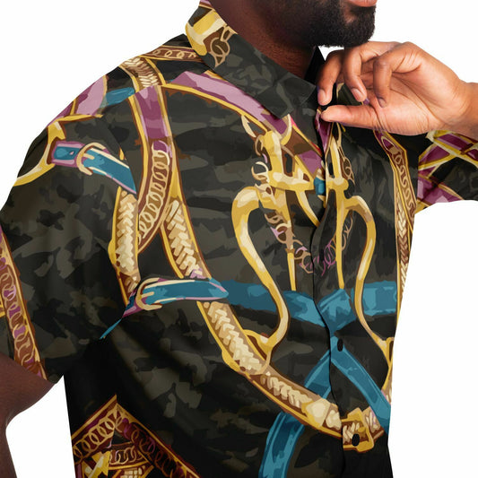 Black Equestrian Scarf Print Short Sleeve Button Down Shirt - HipHatter