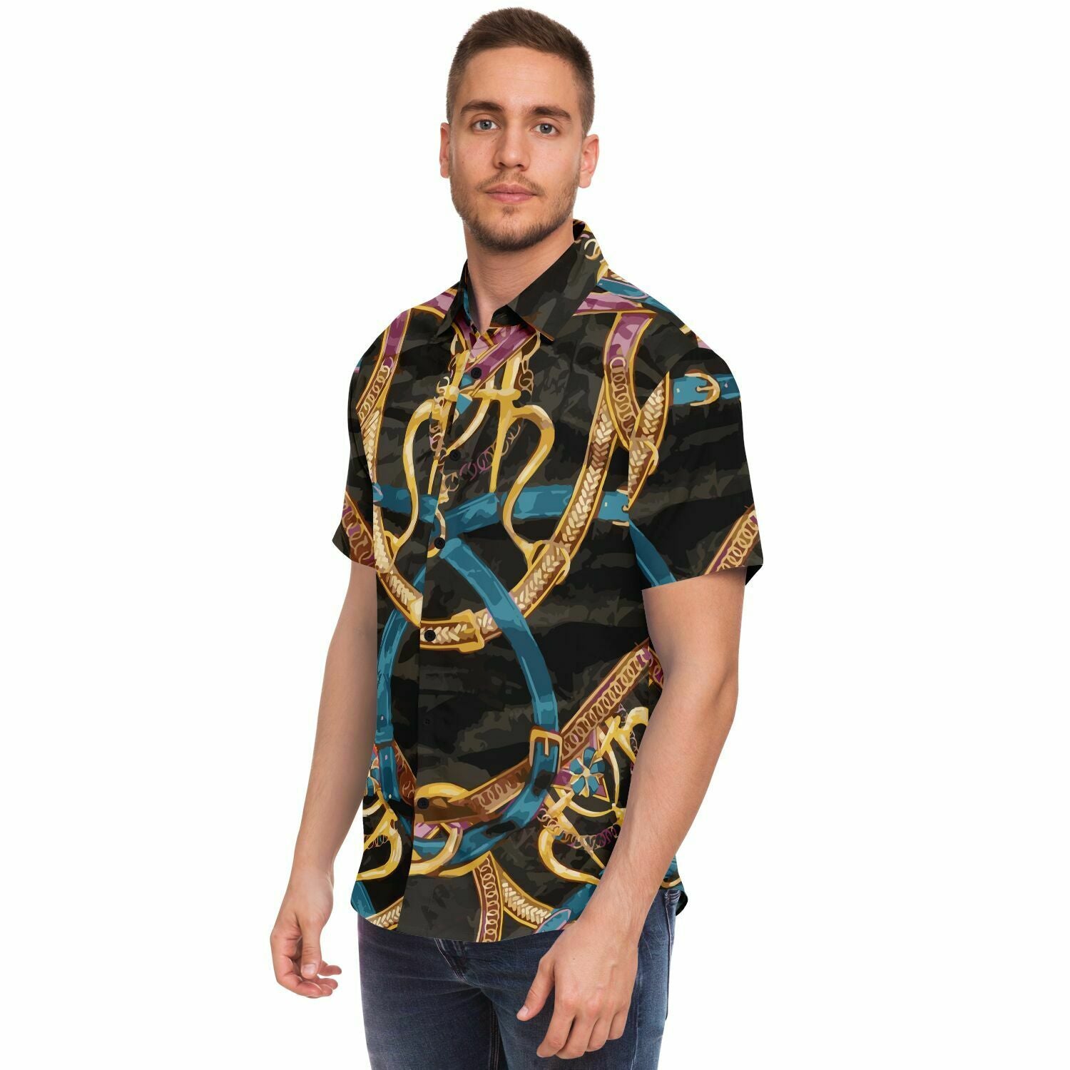 Black Equestrian Scarf Print Short Sleeve Button Down Shirt - HipHatter