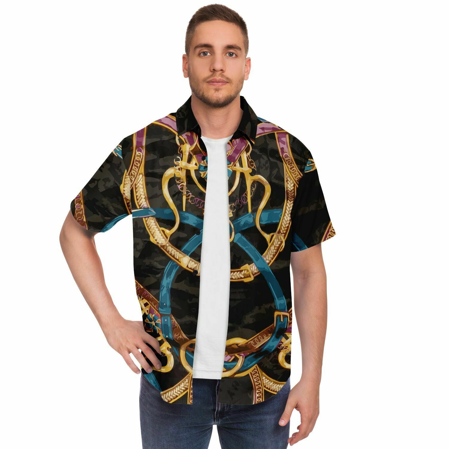 Black Equestrian Scarf Print Short Sleeve Button Down Shirt - HipHatter