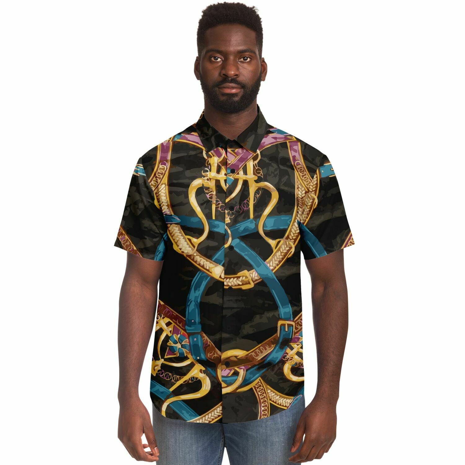 Black Equestrian Scarf Print Short Sleeve Button Down Shirt - HipHatter