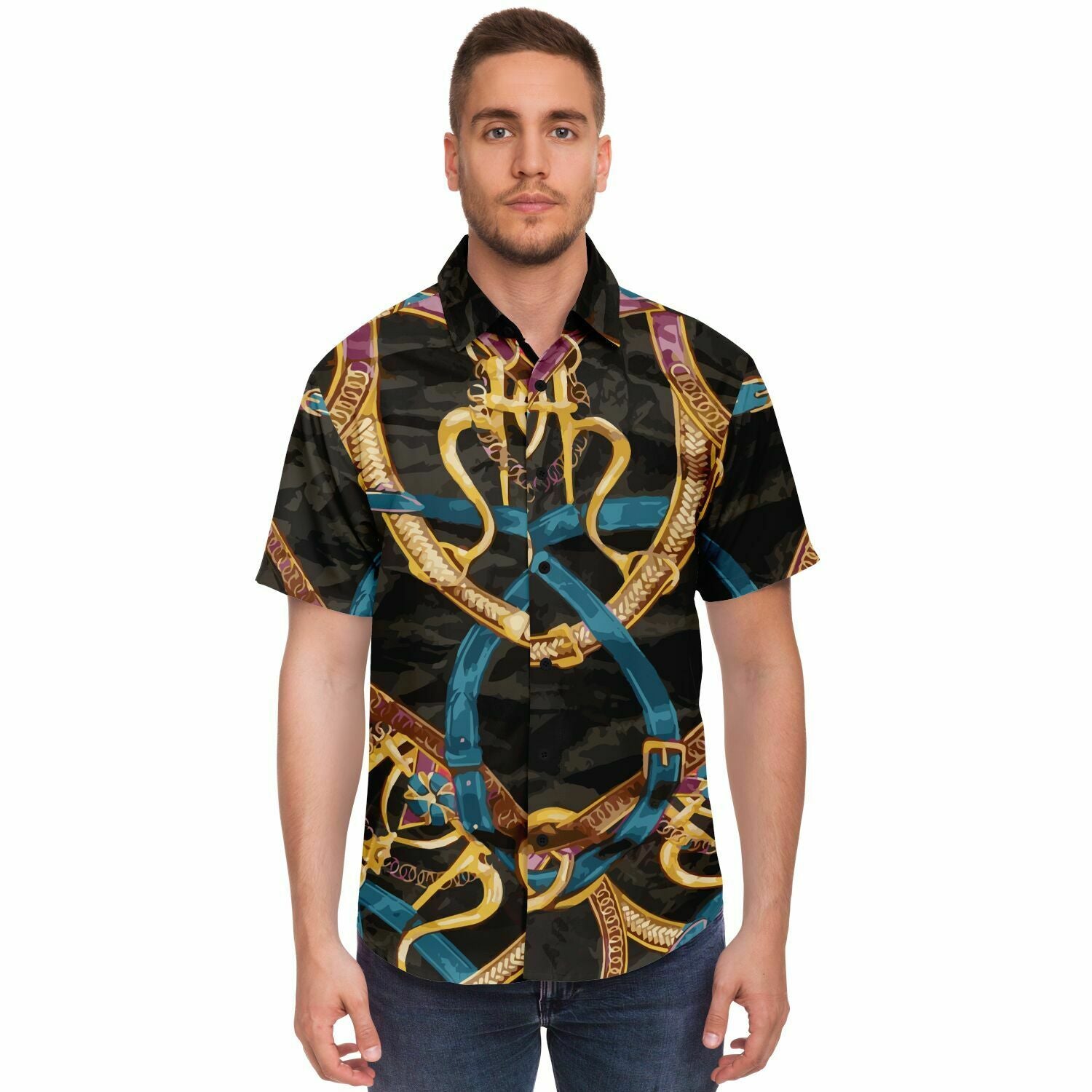 Black Equestrian Scarf Print Short Sleeve Button Down Shirt - HipHatter