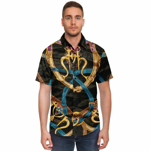 Black Equestrian Scarf Print Short Sleeve Button Down Shirt - HipHatter
