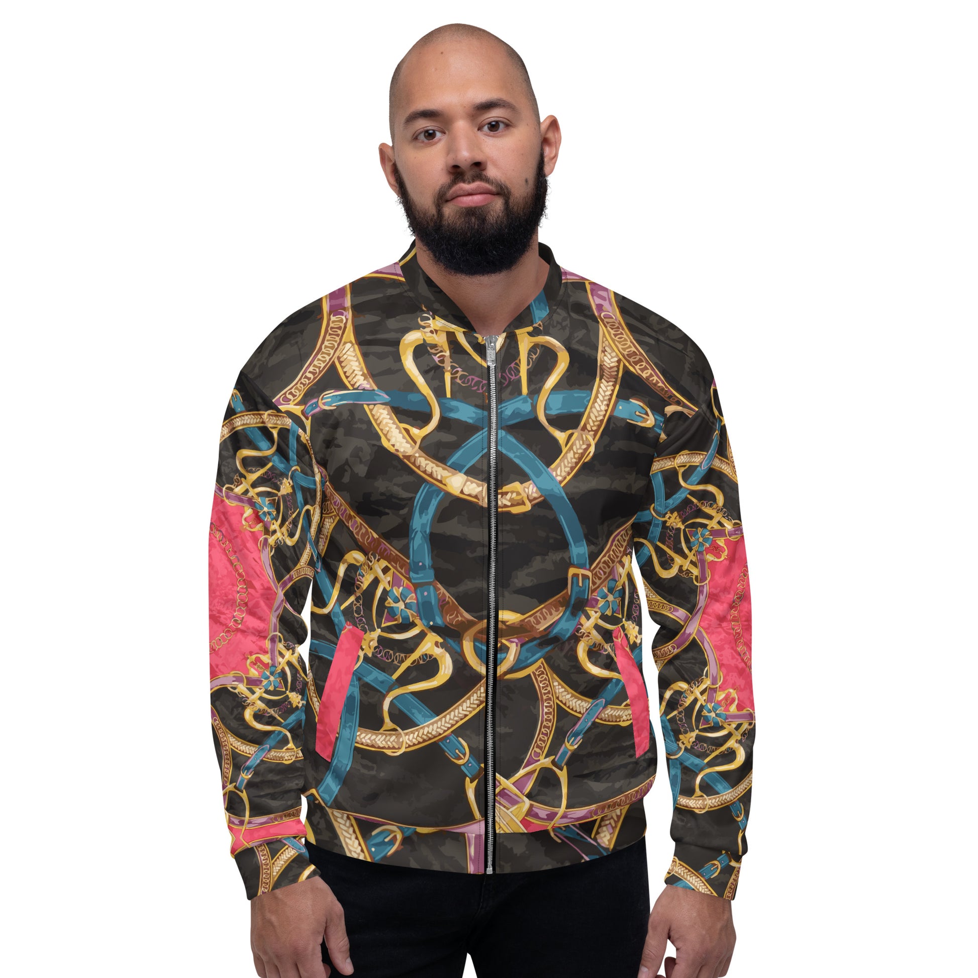 Pink Equestrian Scarf Print Unisex Bomber Jacket - HipHatter