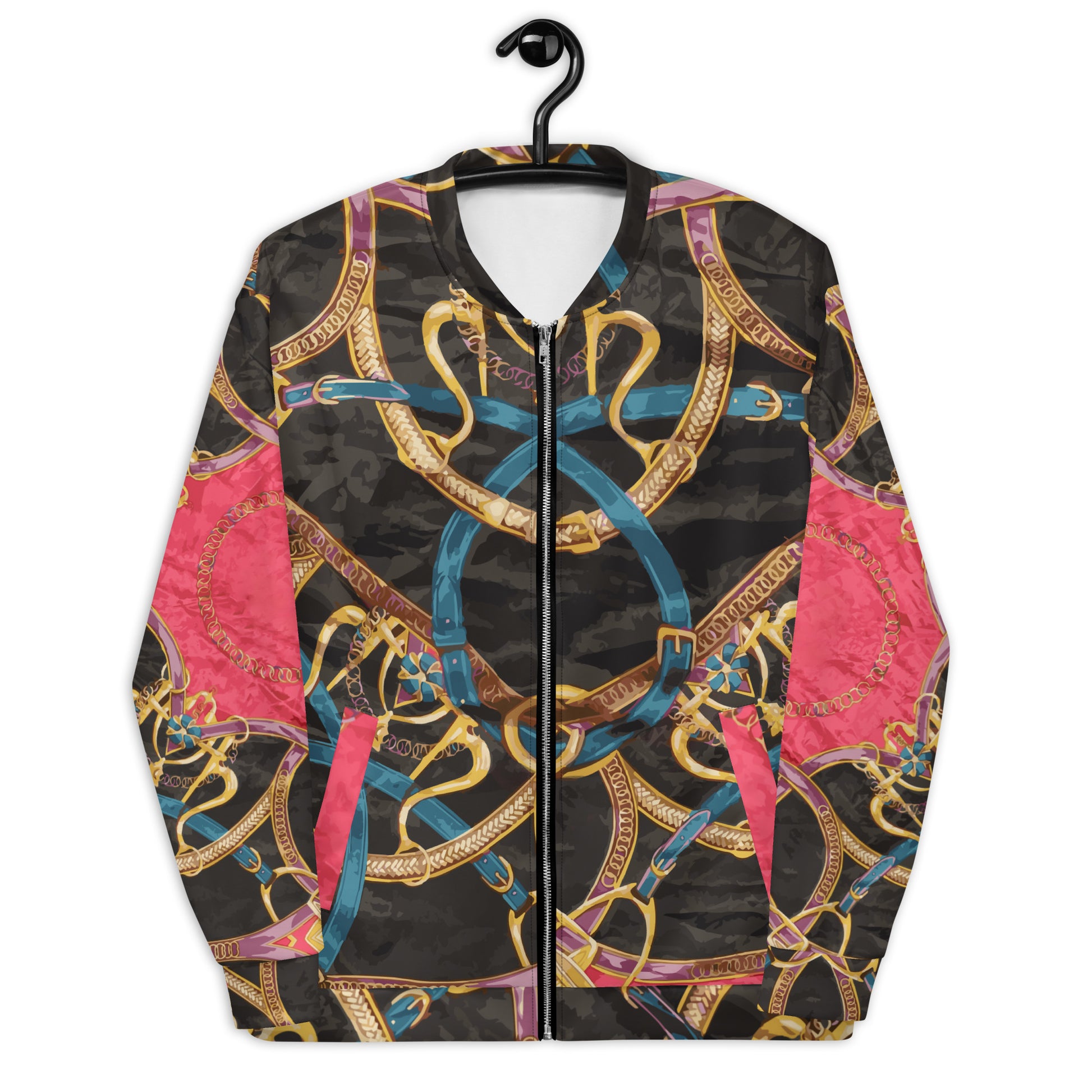 Pink Equestrian Scarf Print Unisex Bomber Jacket - HipHatter