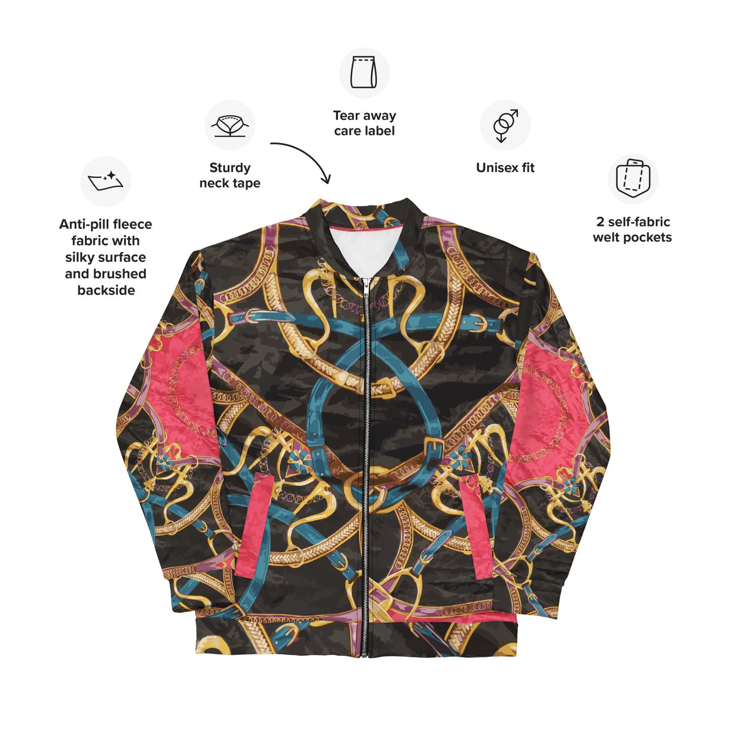 Pink Equestrian Scarf Print Unisex Bomber Jacket - HipHatter