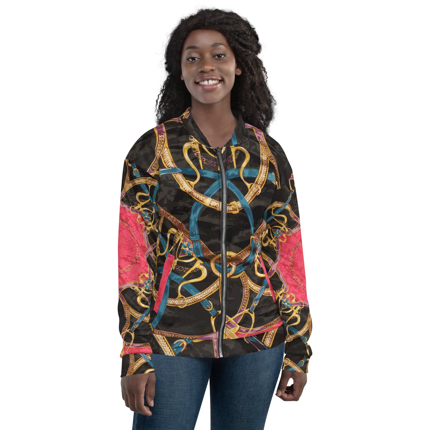 Pink Equestrian Scarf Print Unisex Bomber Jacket - HipHatter