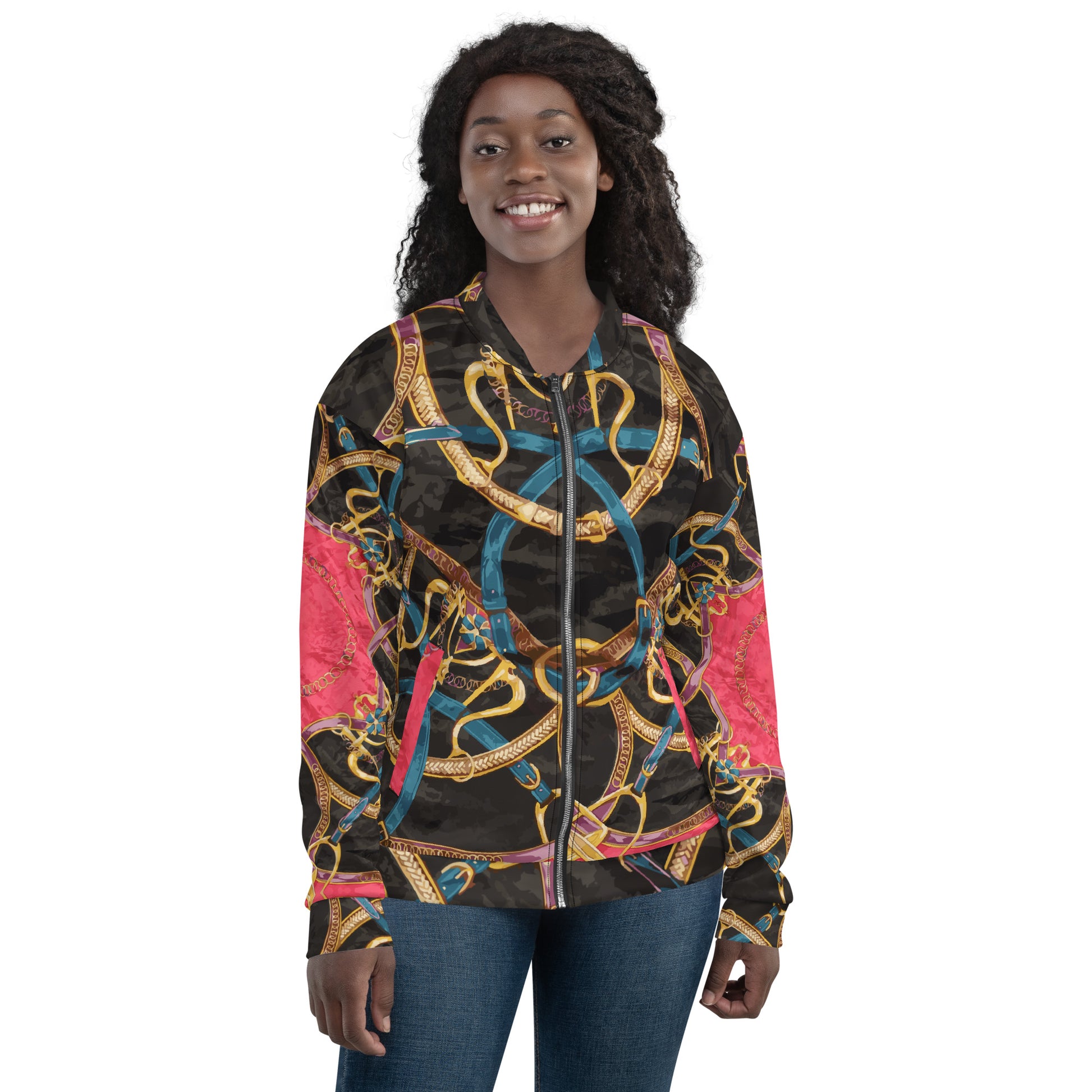 Pink Equestrian Scarf Print Unisex Bomber Jacket - HipHatter