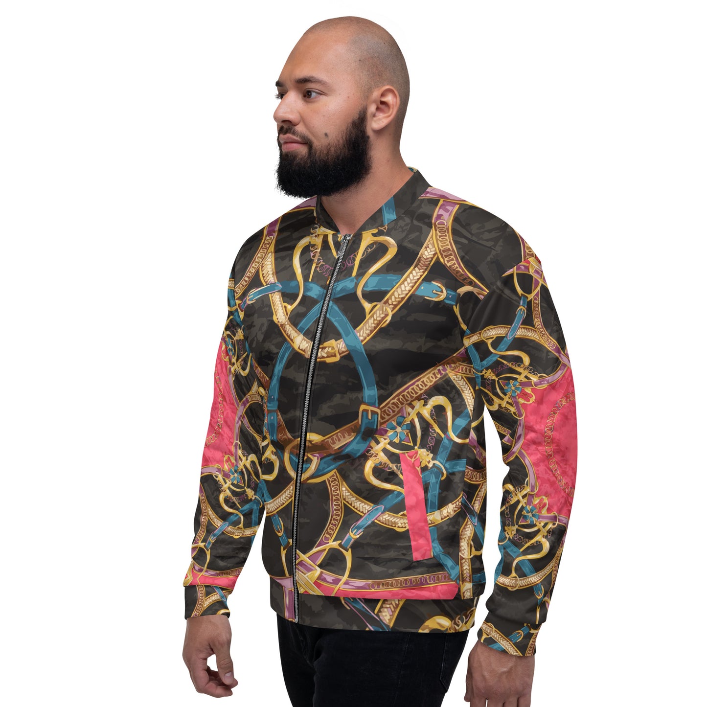 Pink Equestrian Scarf Print Unisex Bomber Jacket - HipHatter
