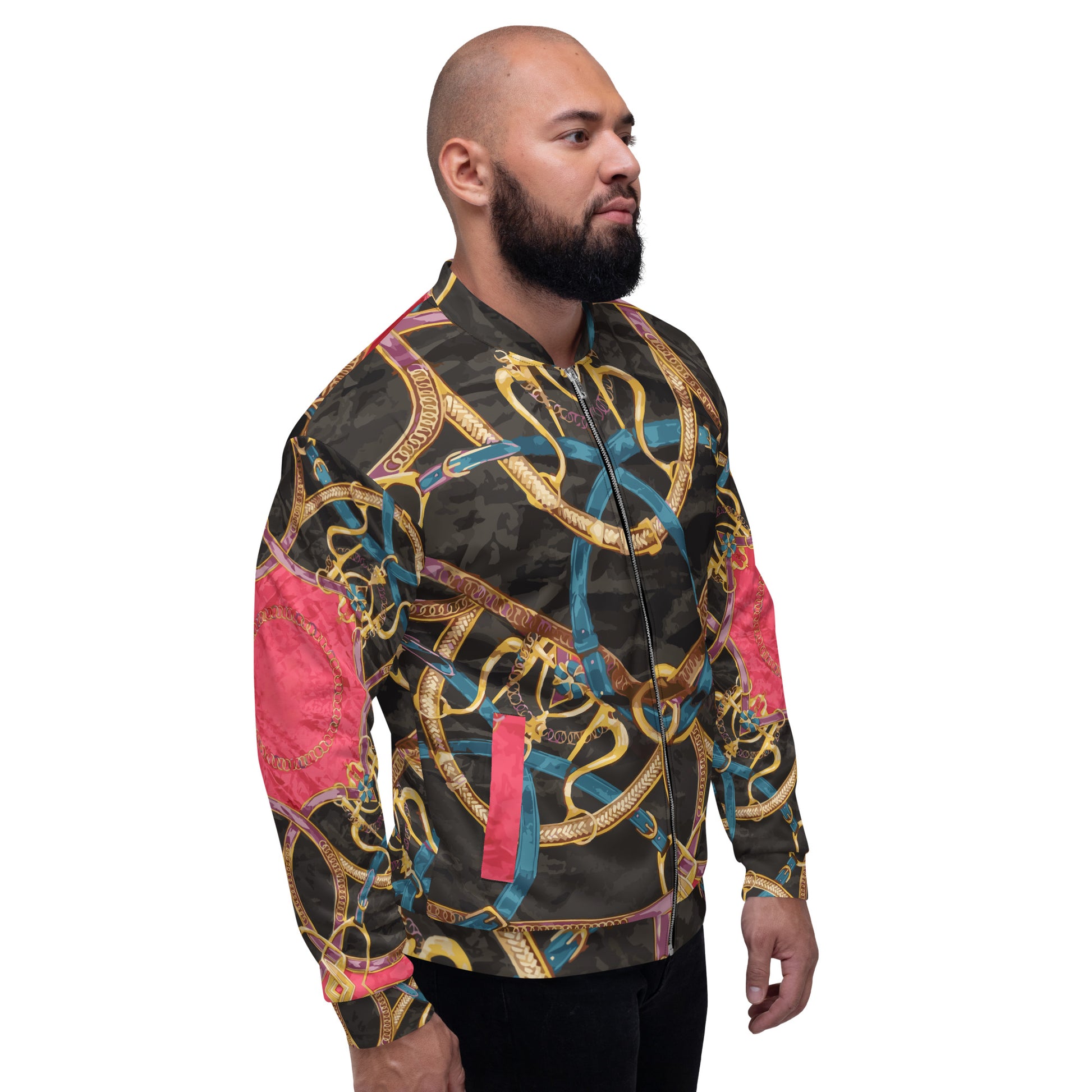 Pink Equestrian Scarf Print Unisex Bomber Jacket - HipHatter