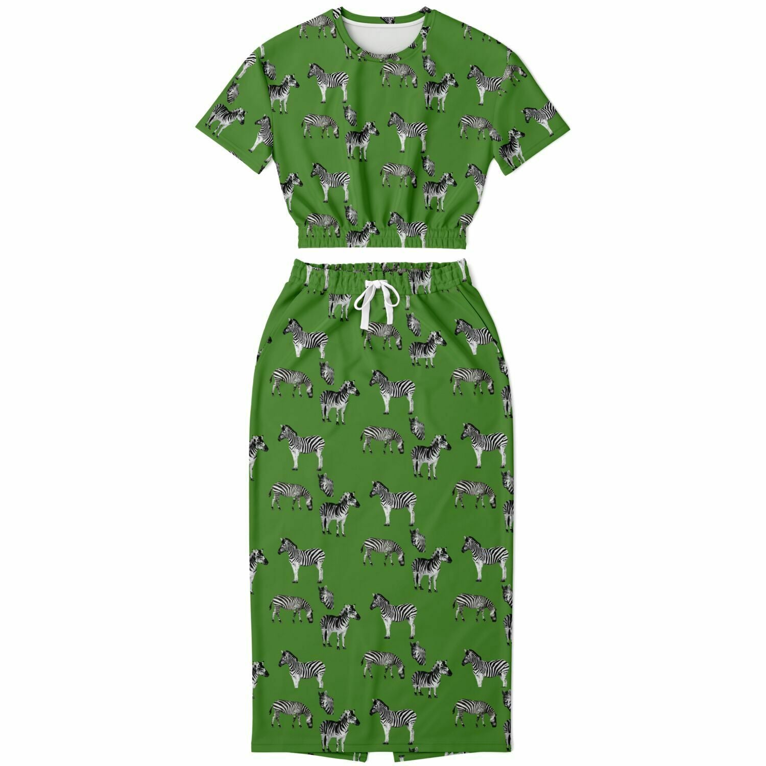 Safari Zebra on Green Grass Fashion Cropped Short Sleeve Sweatshirt and Long Pocket Skirt Set - Hip-Hatter
