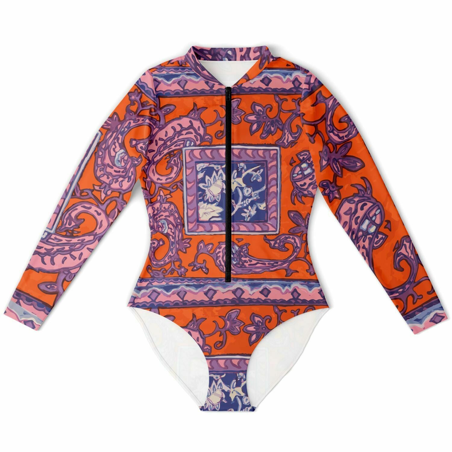 Orange Paisley La Rambla Bodysuit Long Sleeve - HipHatter
