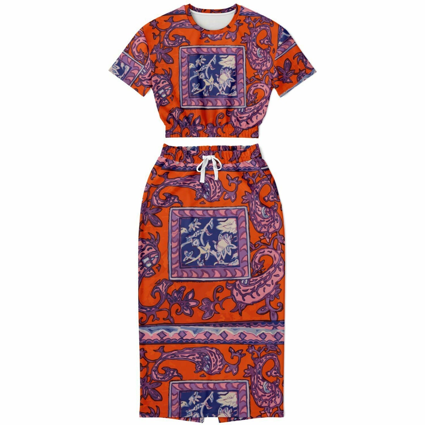 Orange Paisley Fashion Cropped Short Sleeve Sweatshirt and Long Pocket Skirt Set - Hip-Hatter