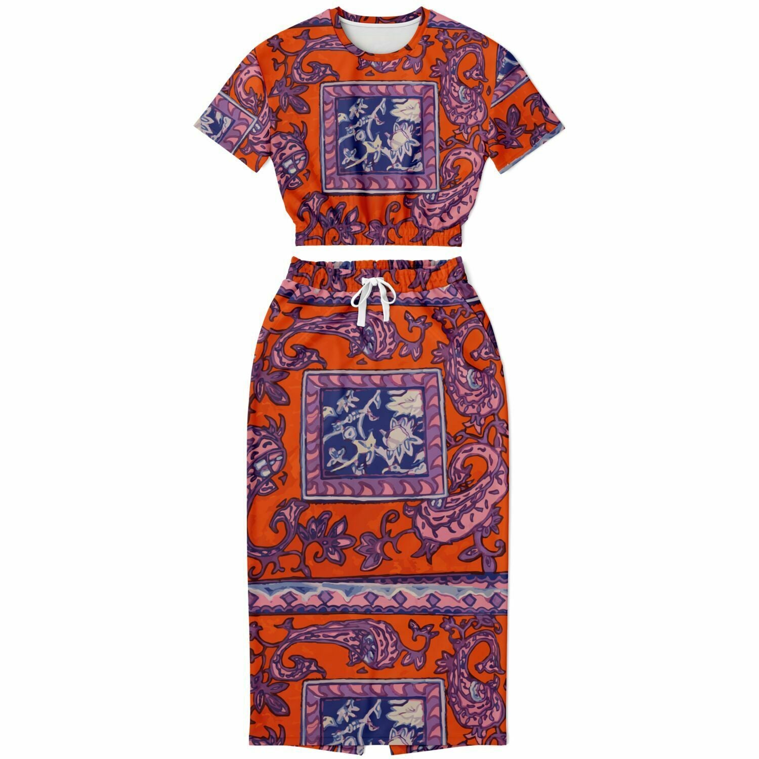 Orange Paisley Fashion Cropped Short Sleeve Sweatshirt and Long Pocket Skirt Set - Hip-Hatter
