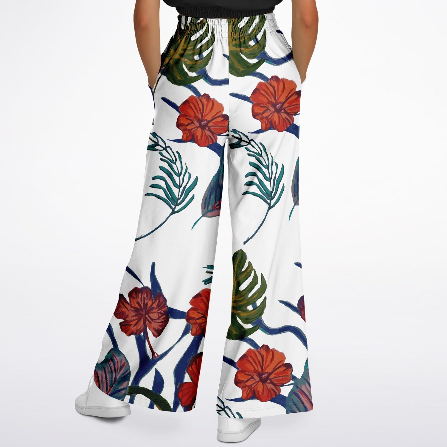 Tropical Floral Print White Flare Trousers - HipHatter