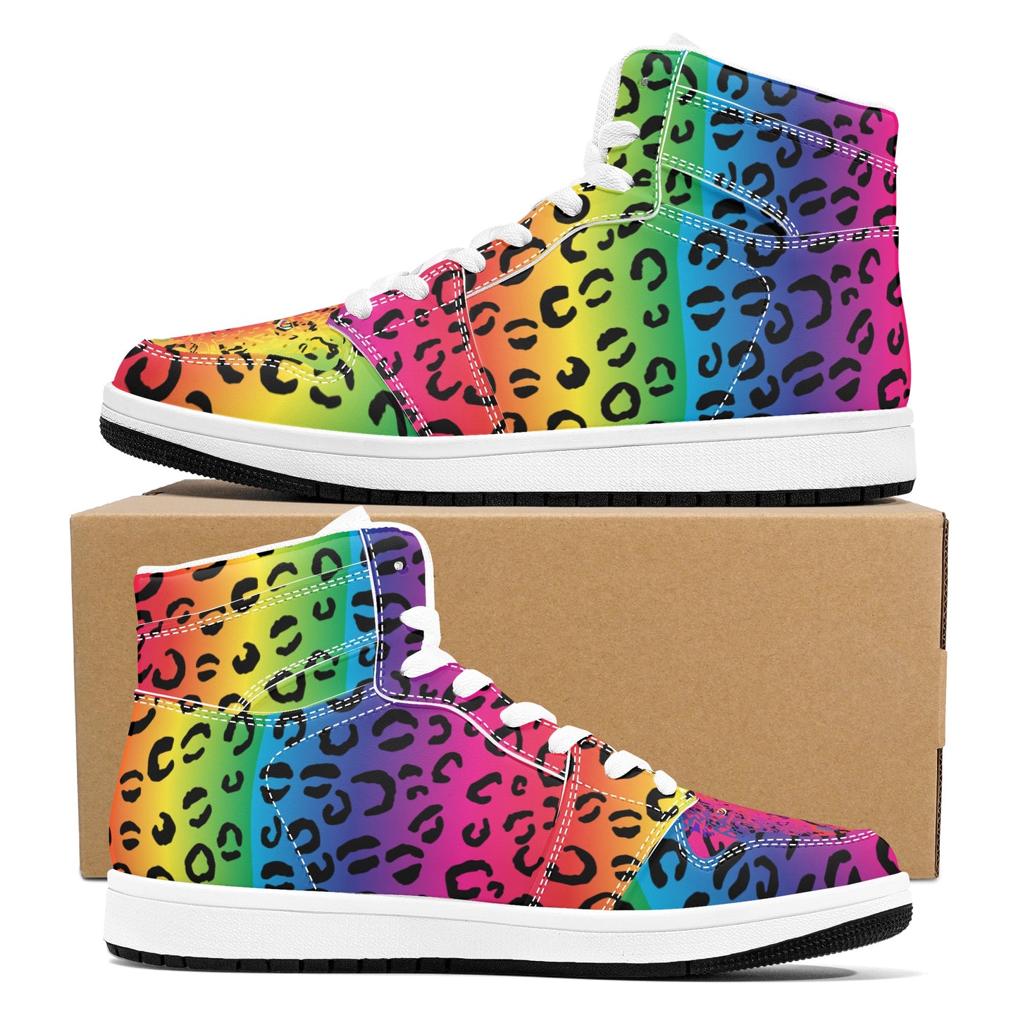 Mens Rainbow Leopard High Top Leather Sneakers - HipHatter