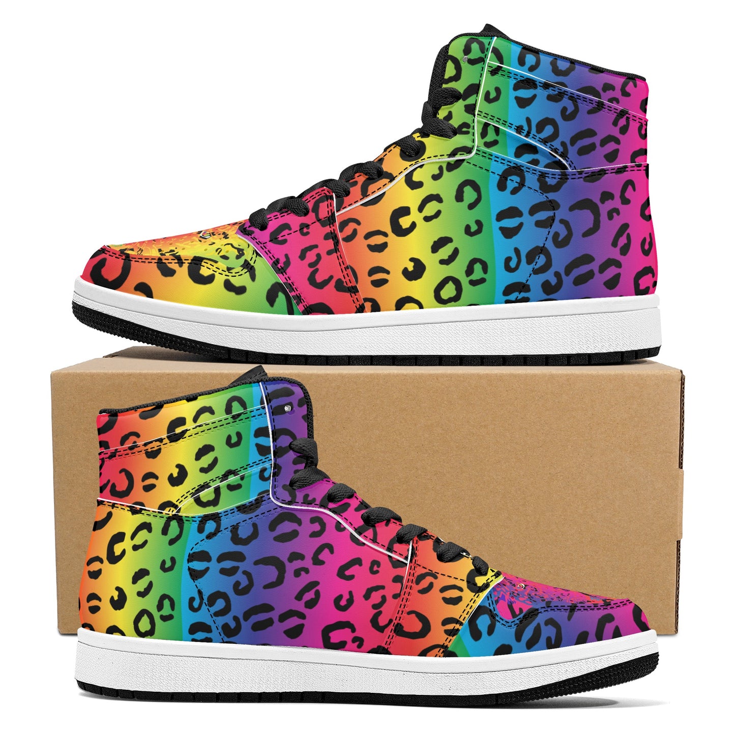 Mens Rainbow Leopard High Top Leather Sneakers - HipHatter