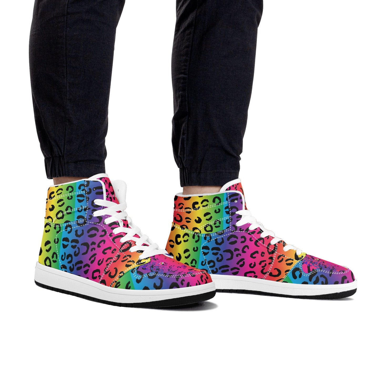 Mens Rainbow Leopard High Top Leather Sneakers - HipHatter