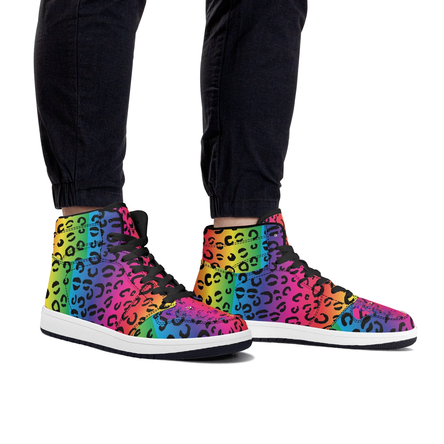 Mens Rainbow Leopard High Top Leather Sneakers - HipHatter