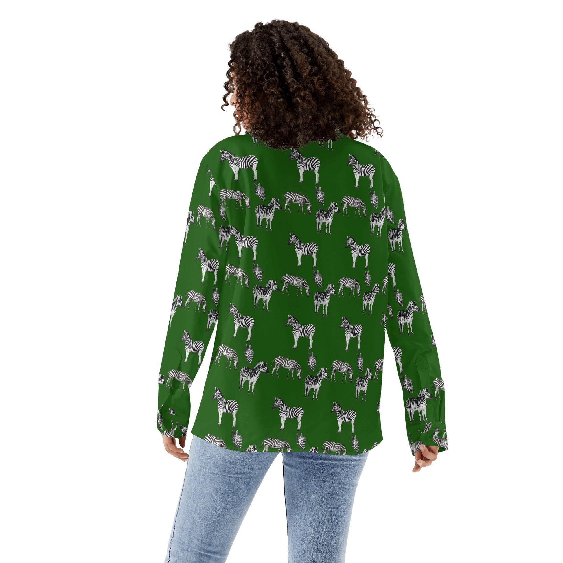 Emerald Green Safari Zebra Women's Long Sleeve Button Down Shirt - HipHatter