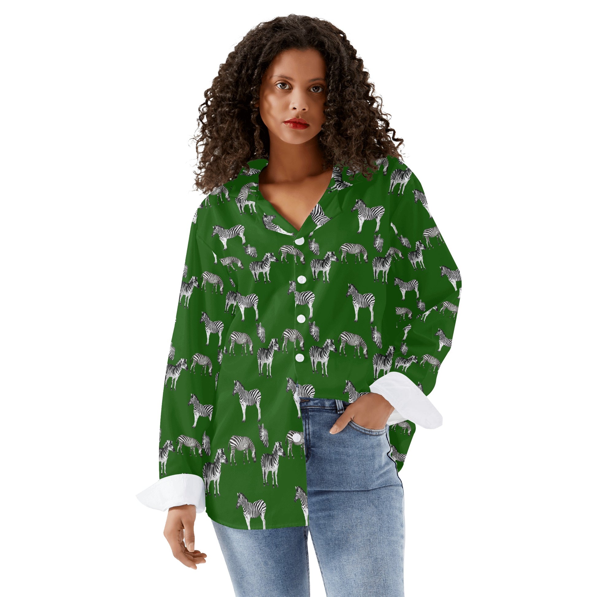 Emerald Green Safari Zebra Women's Long Sleeve Button Down Shirt - HipHatter