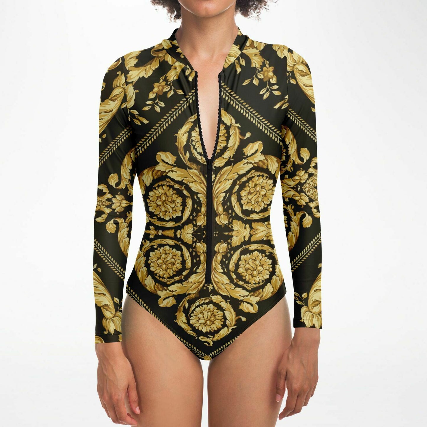 Womens Baroque Print Gold Scarf Print Long Sleeve Body Suit - HipHatter