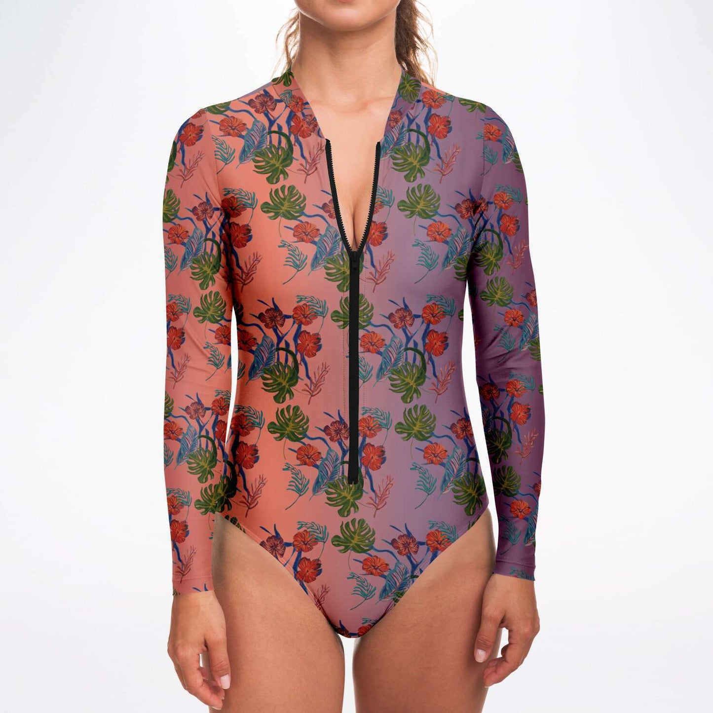 Tropical Floral Print Dawn Surf Long Sleeved Bodysuit - HipHatter
