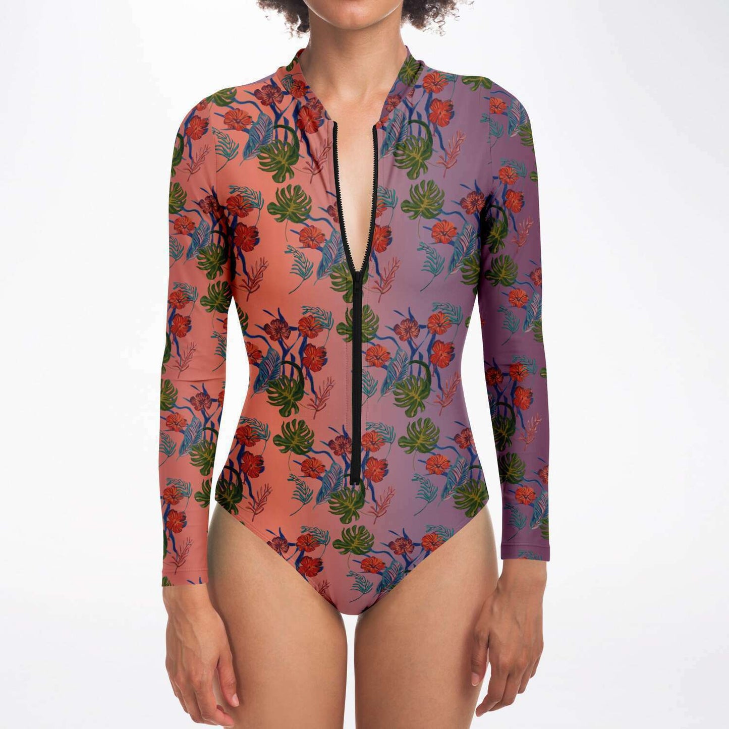 Tropical Floral Print Dawn Surf Long Sleeved Bodysuit - HipHatter