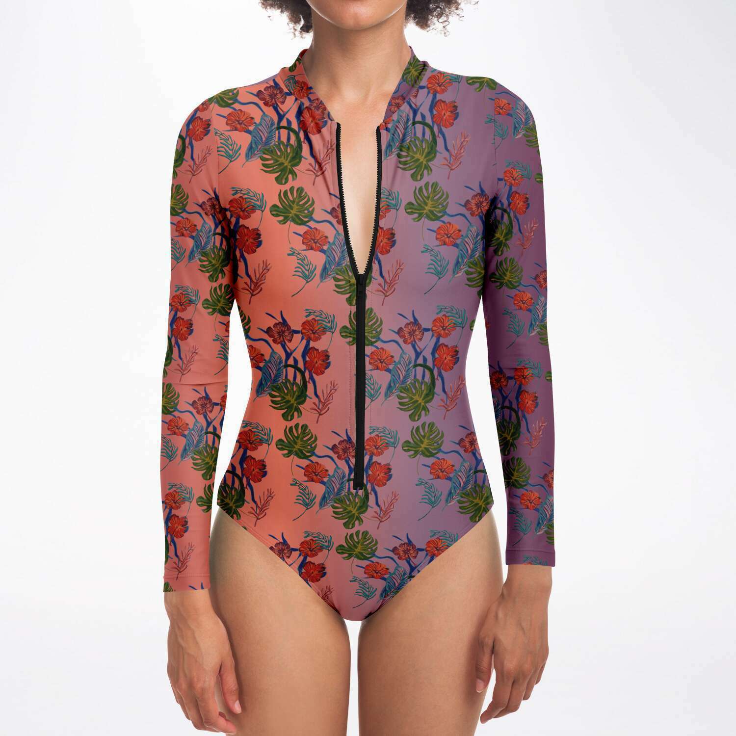 Tropical Floral Print Dawn Surf Long Sleeved Bodysuit - HipHatter