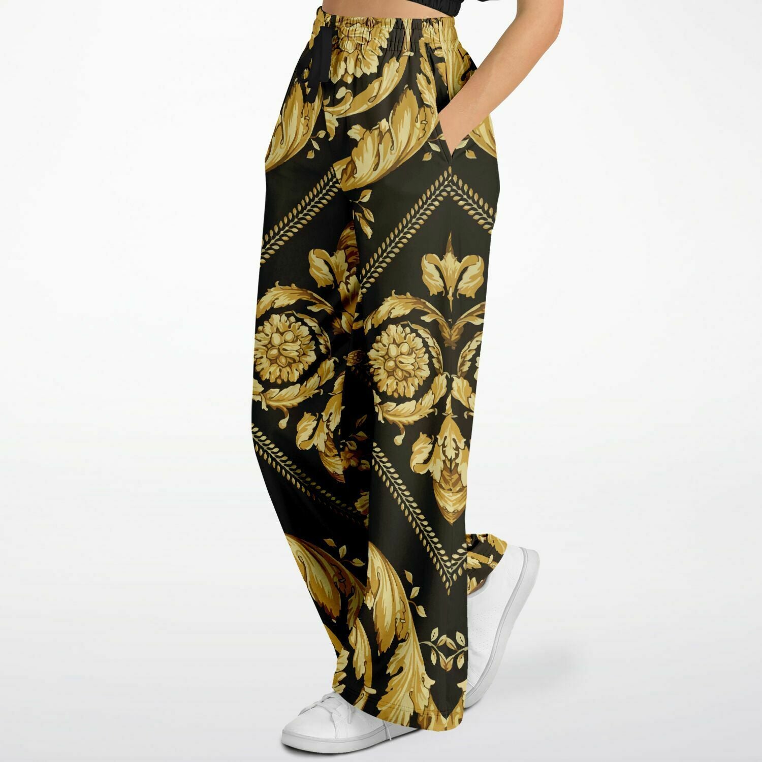 Baroque Print Gold Scarf Print Flare Trousers - HipHatter