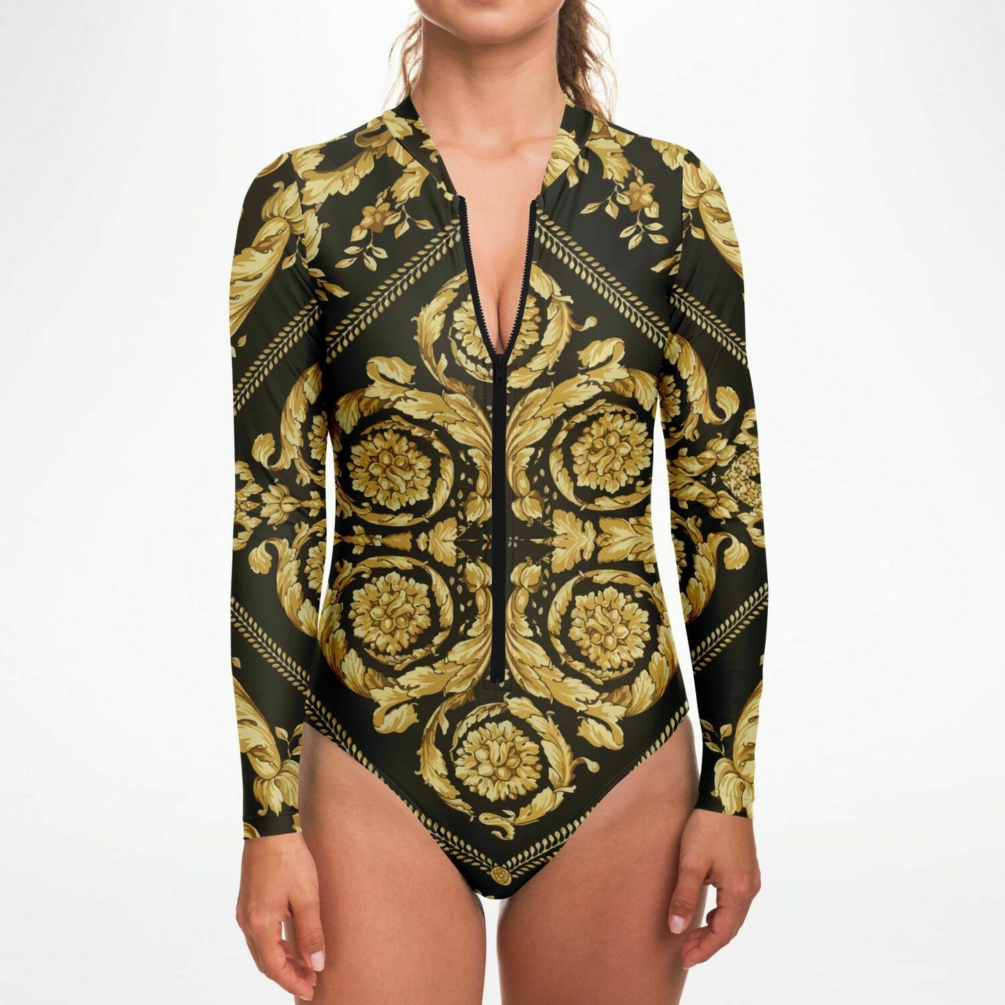 Womens Baroque Print Gold Scarf Print Long Sleeve Body Suit - HipHatter