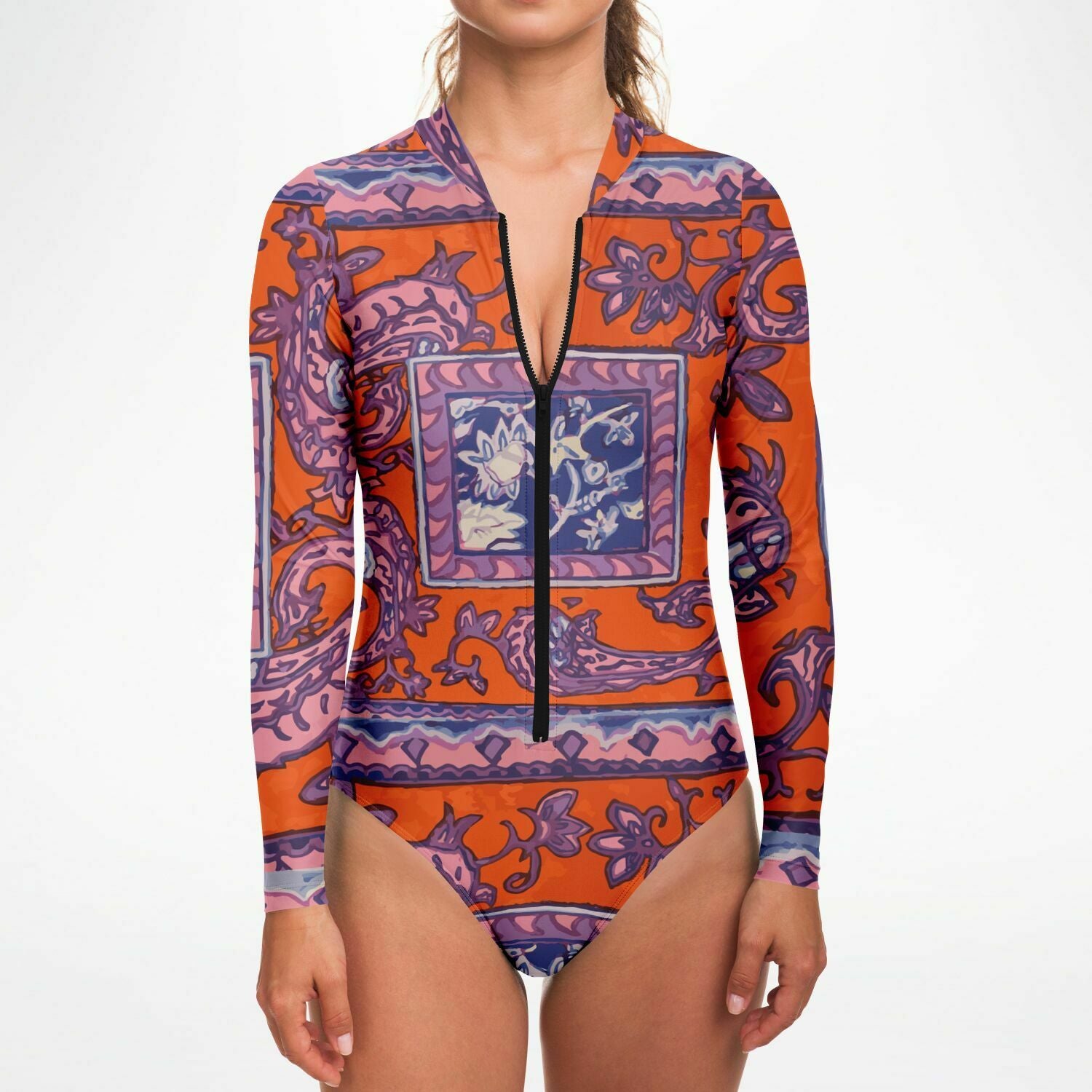 Orange Paisley La Rambla Bodysuit Long Sleeve - HipHatter