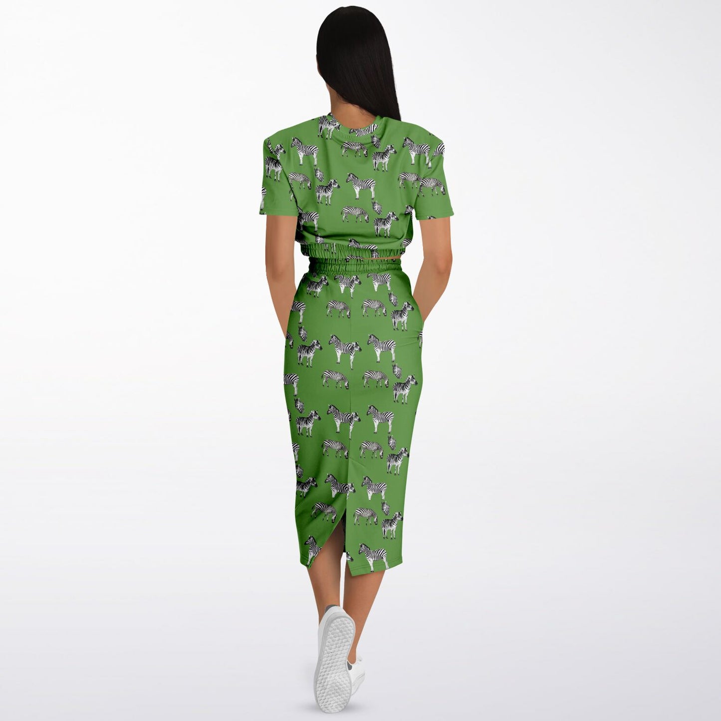 Safari Zebra on Green Grass Fashion Cropped Short Sleeve Sweatshirt and Long Pocket Skirt Set - Hip-Hatter