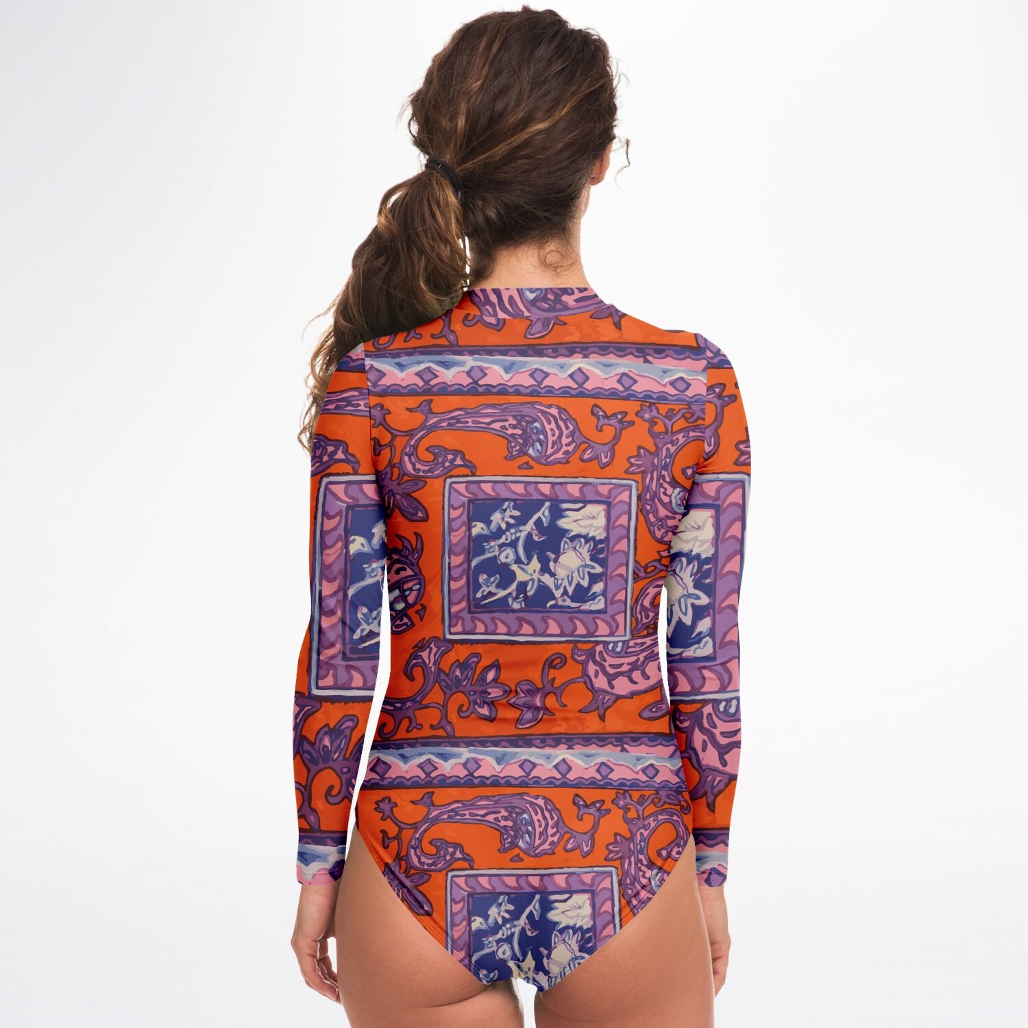 Orange Paisley La Rambla Bodysuit Long Sleeve - HipHatter
