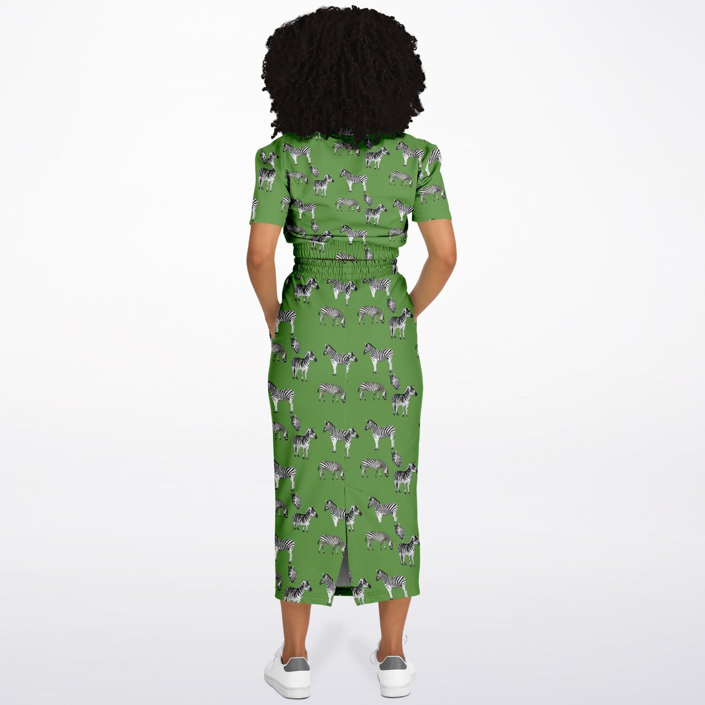 Safari Zebra on Green Grass Fashion Cropped Short Sleeve Sweatshirt and Long Pocket Skirt Set - Hip-Hatter