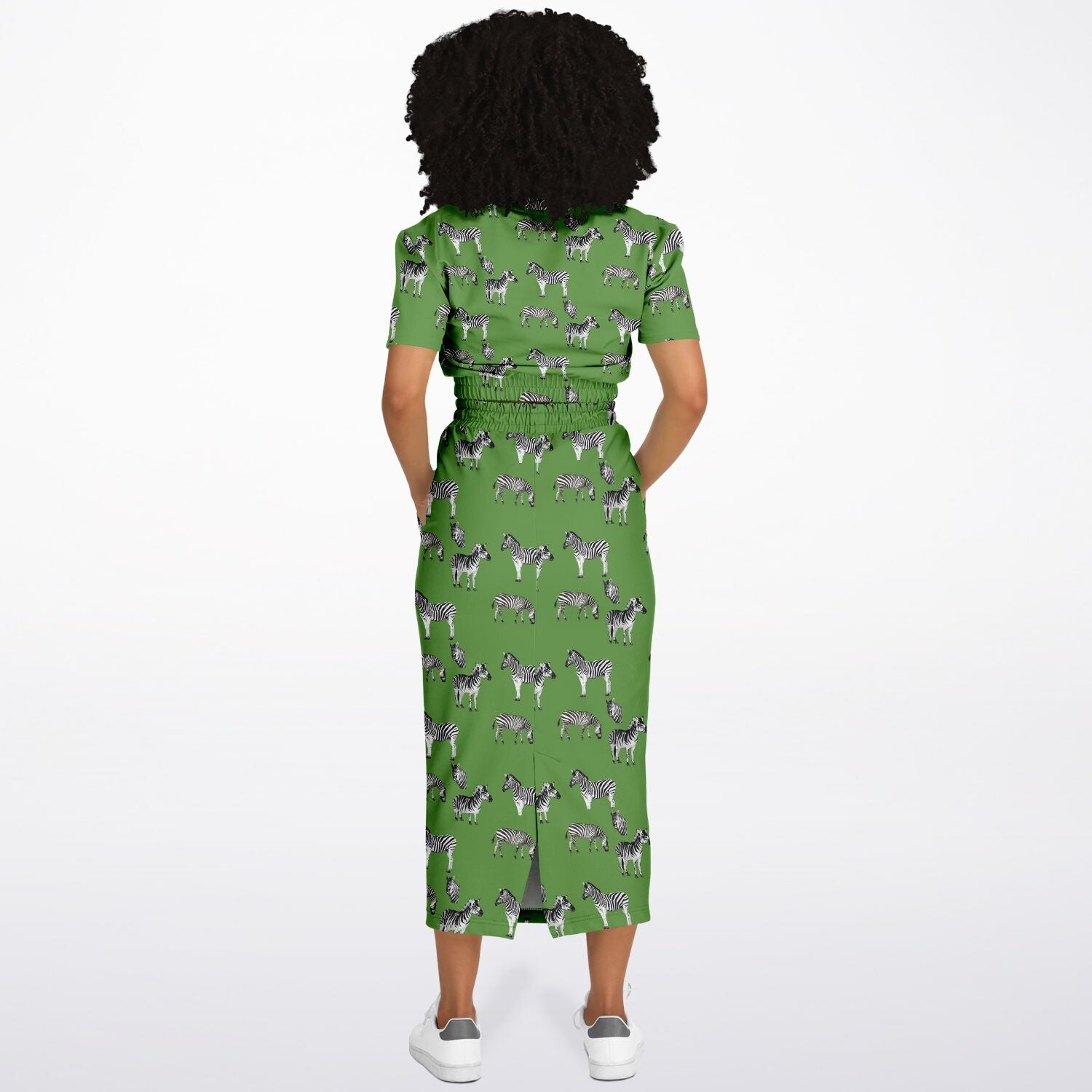 Safari Zebra on Green Grass Fashion Cropped Short Sleeve Sweatshirt and Long Pocket Skirt Set - Hip-Hatter
