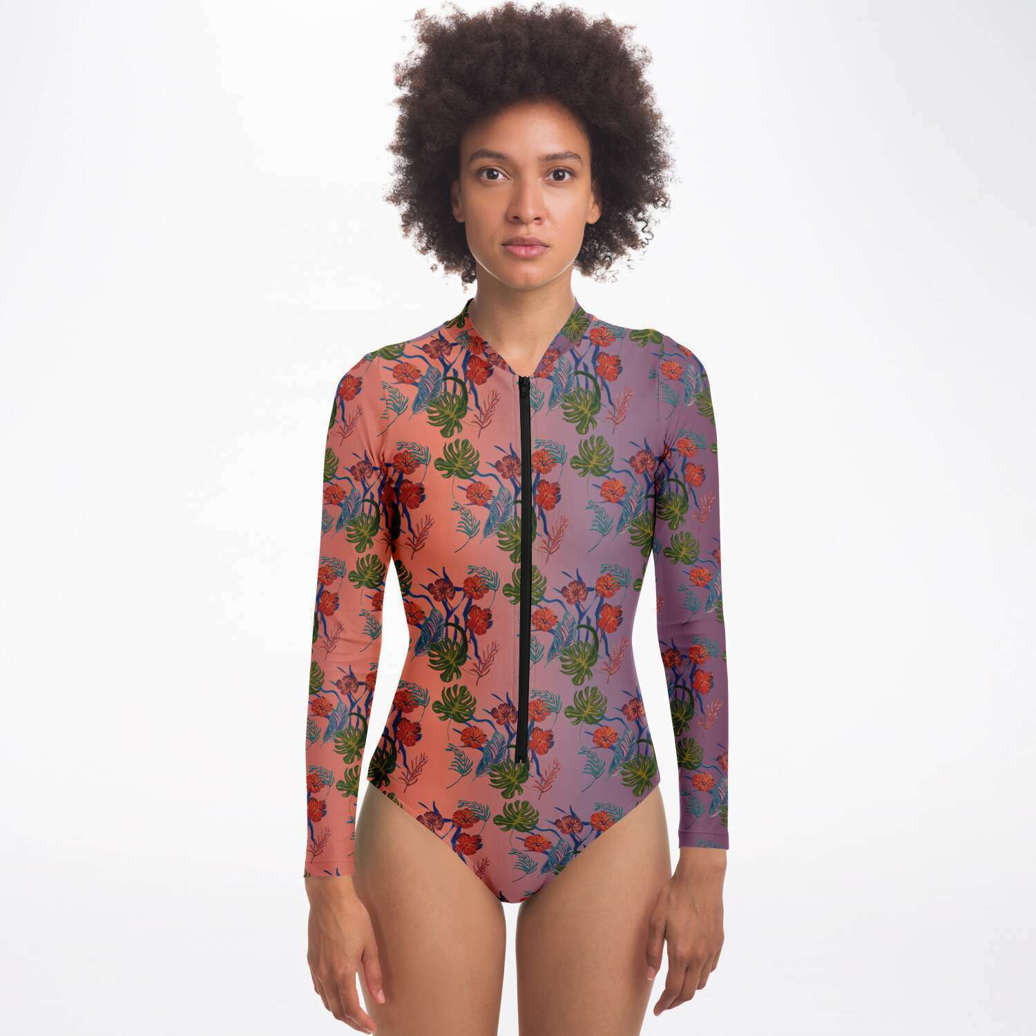 Tropical Floral Print Dawn Surf Long Sleeved Bodysuit - HipHatter