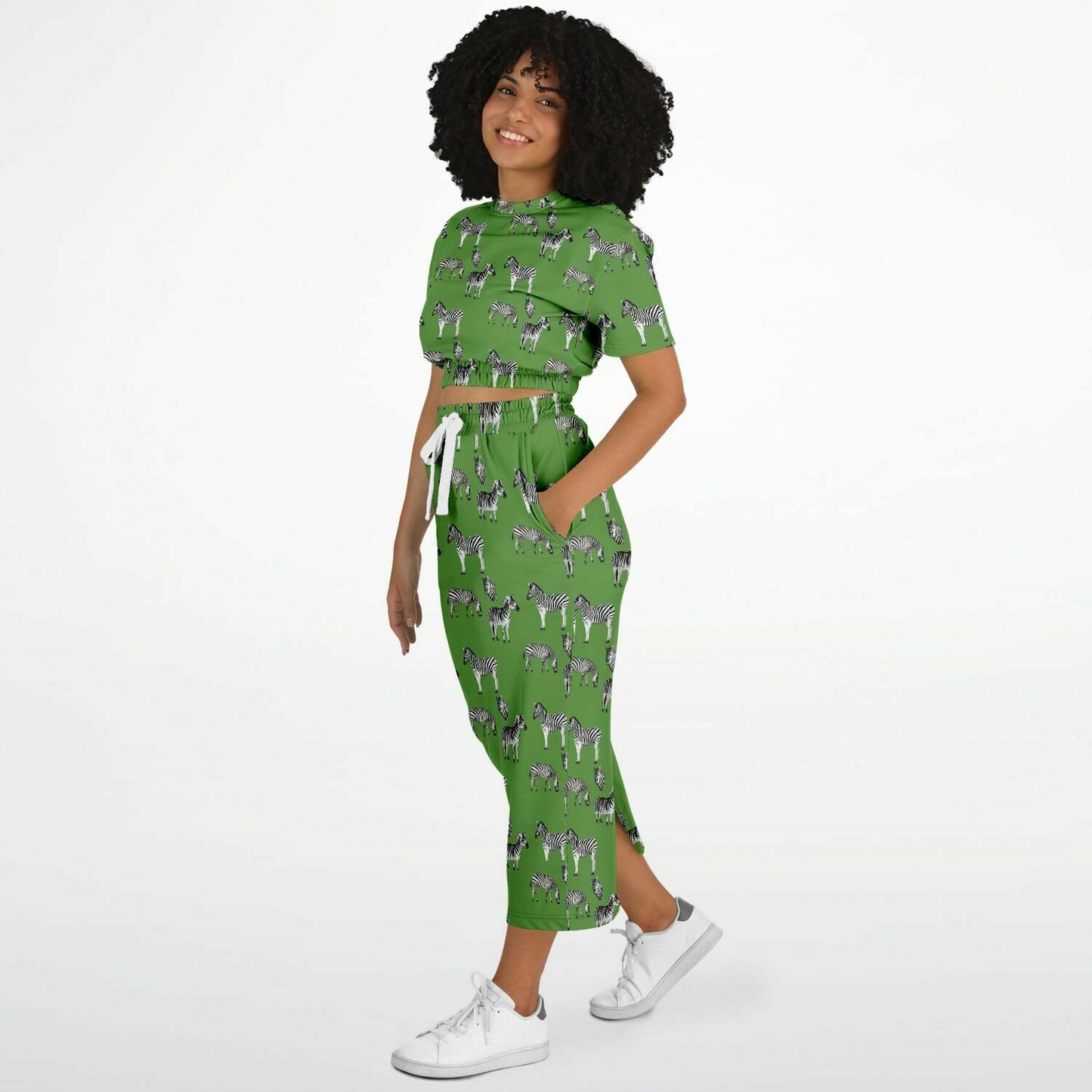 Safari Zebra on Green Grass Fashion Cropped Short Sleeve Sweatshirt and Long Pocket Skirt Set - Hip-Hatter