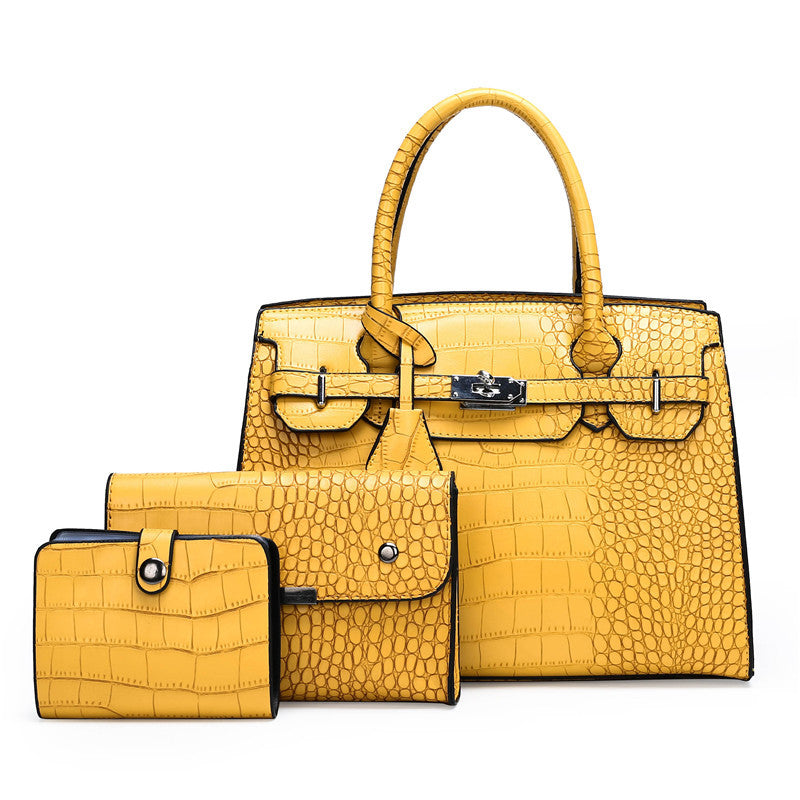 Lock Tote Croc Pattern Handbag Three Piece Set - HipHatter