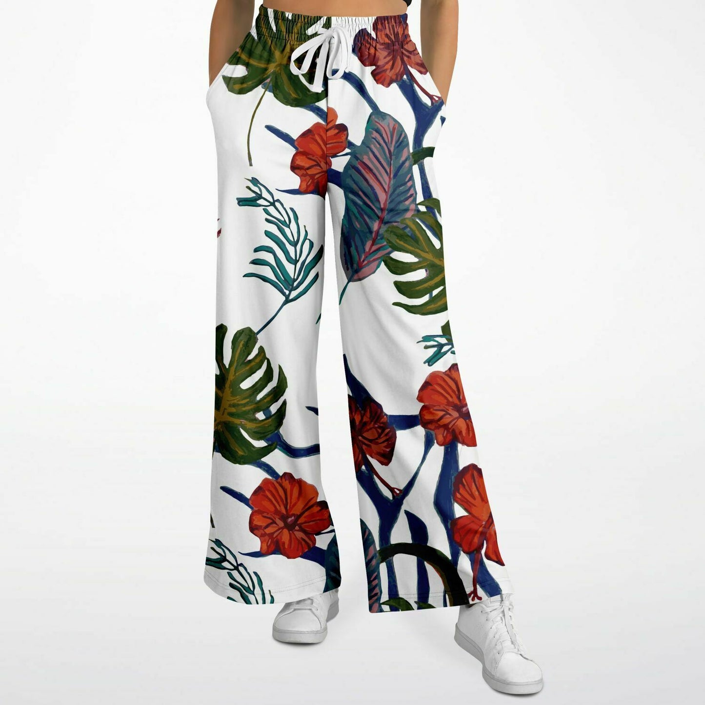 Tropical Floral Print White Flare Trousers - HipHatter