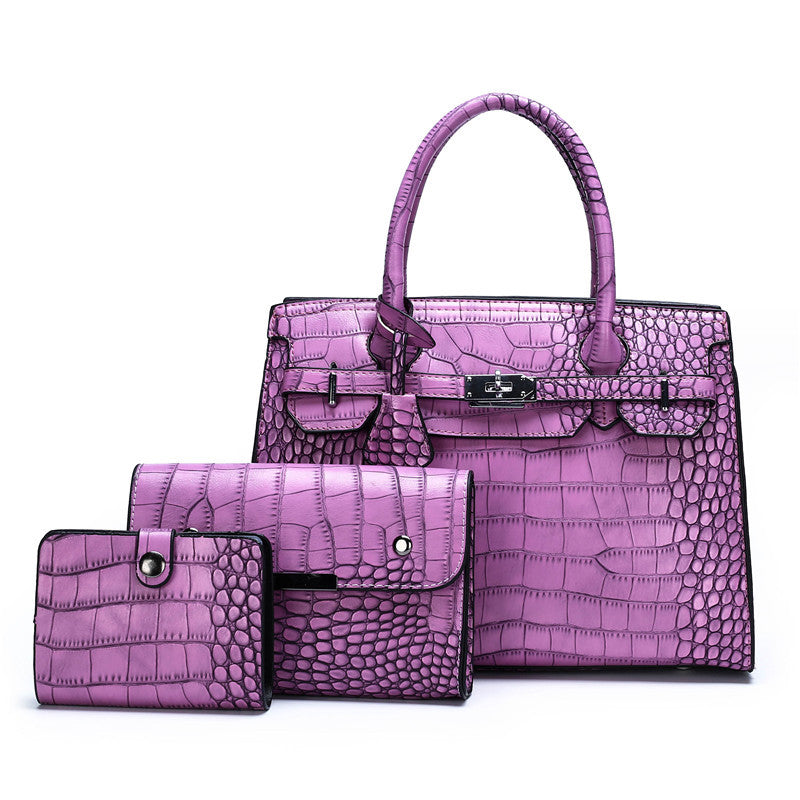 Lock Tote Croc Pattern Handbag Three Piece Set - HipHatter