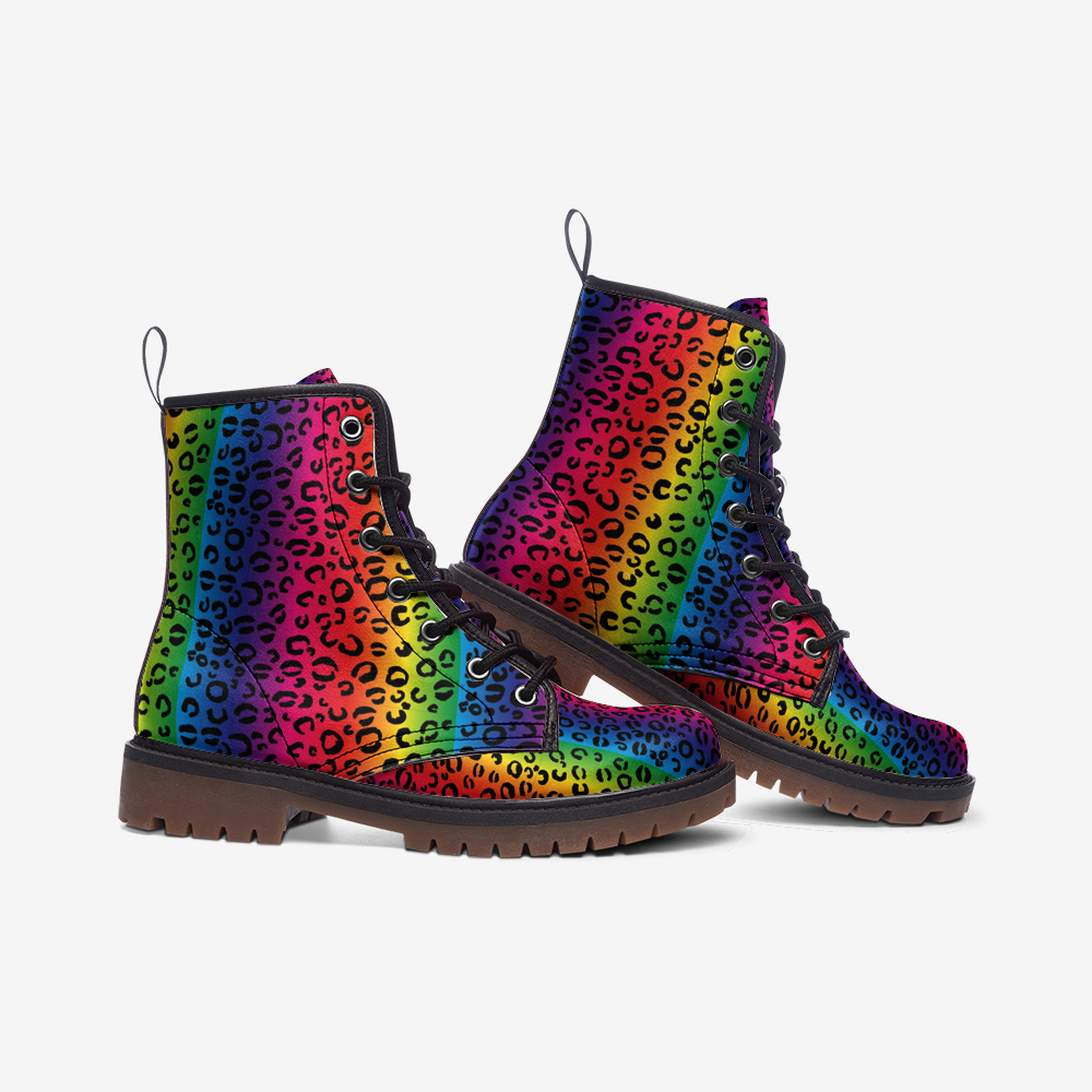 Rainbow Leopard Casual Leather Combat Boots - HipHatter