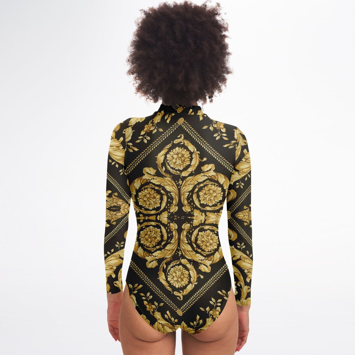 Womens Baroque Print Gold Scarf Print Long Sleeve Body Suit - HipHatter