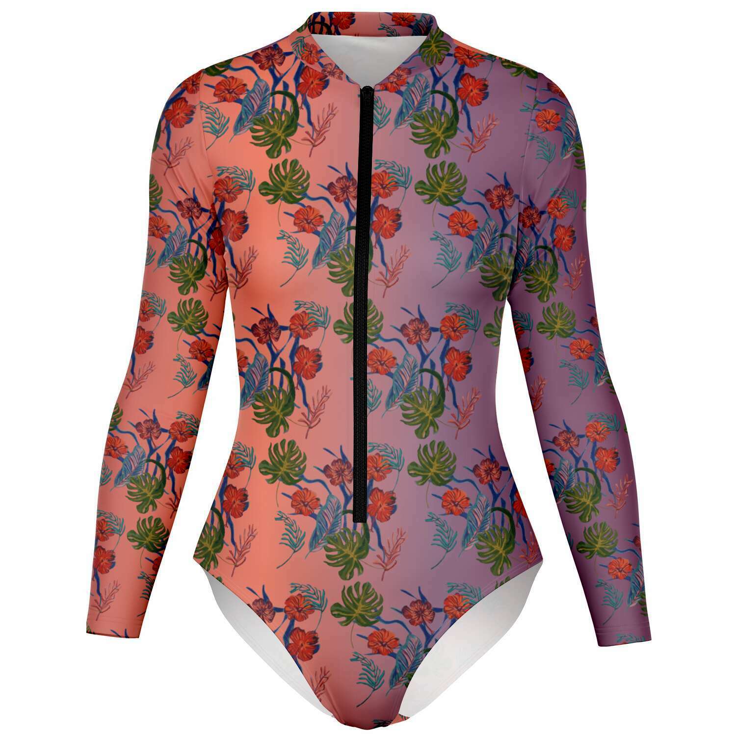Tropical Floral Print Dawn Surf Long Sleeved Bodysuit - HipHatter