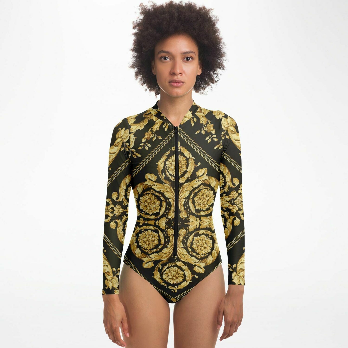 Womens Baroque Print Gold Scarf Print Long Sleeve Body Suit - HipHatter
