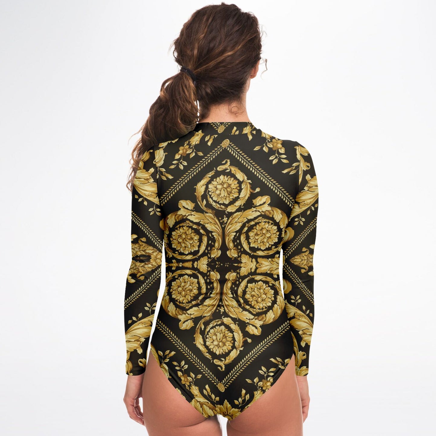 Womens Baroque Print Gold Scarf Print Long Sleeve Body Suit - HipHatter