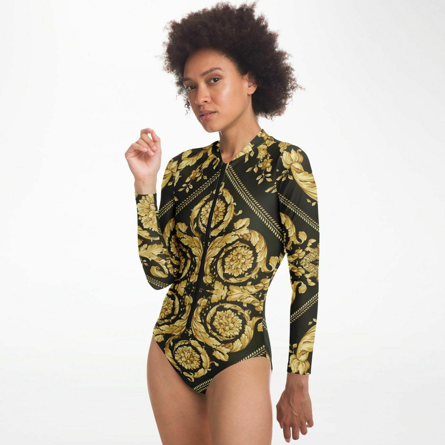 Womens Baroque Print Gold Scarf Print Long Sleeve Body Suit - HipHatter