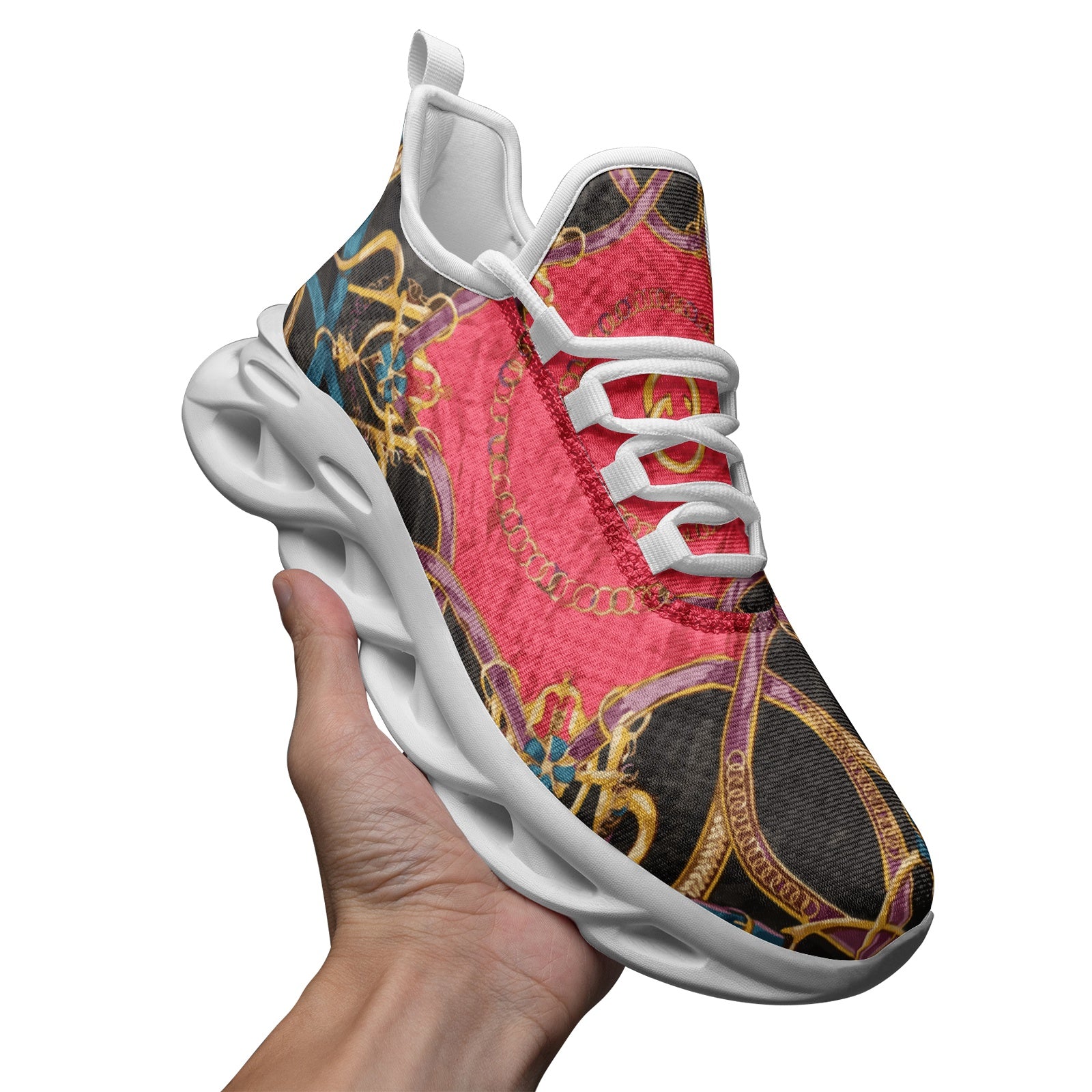 Pink Equestrian Scarf Print Bounce Mesh Knit Sneakers - HipHatter