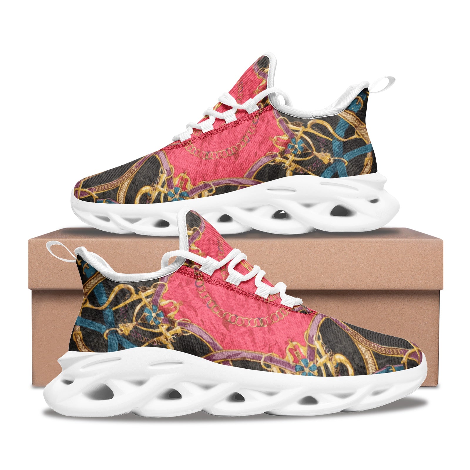 Pink Equestrian Scarf Print Bounce Mesh Knit Sneakers - HipHatter